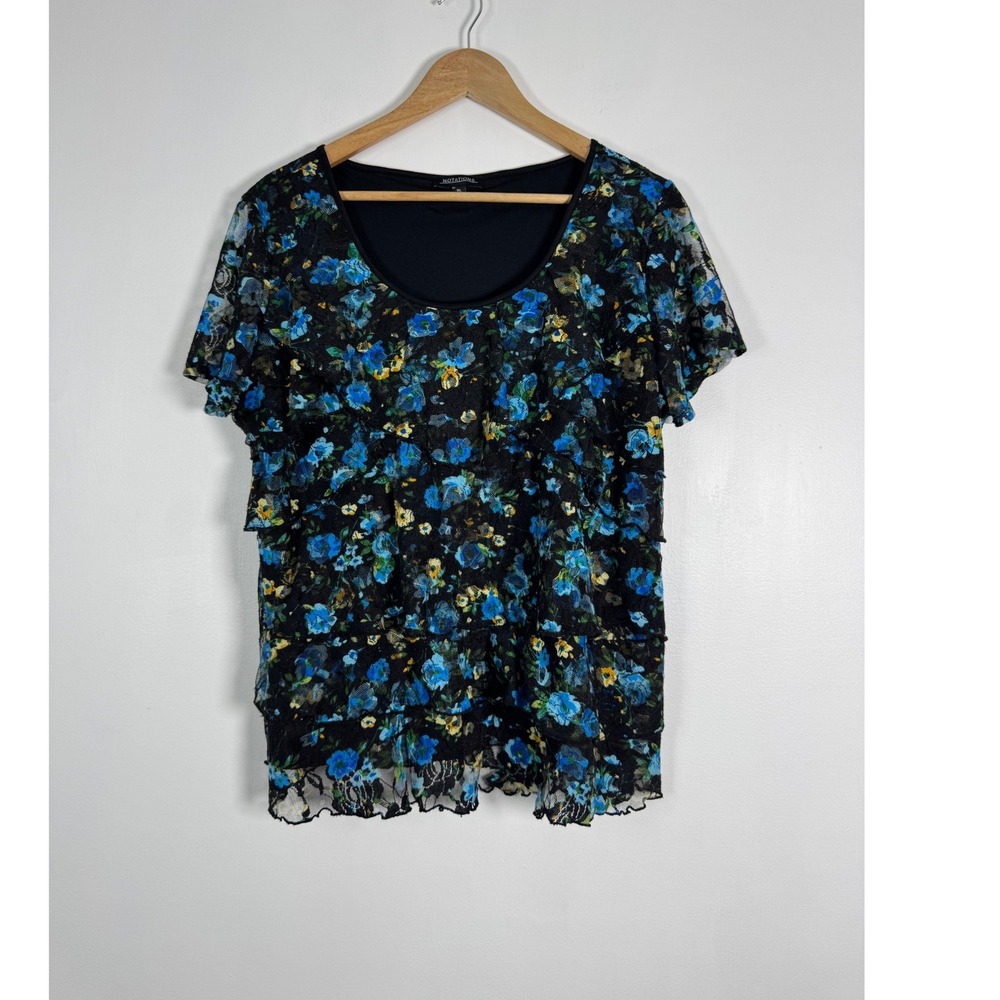 Floral Lace Notations Womens XL Blouse Black Blue Tiered Ruffle Short Sleeve Top